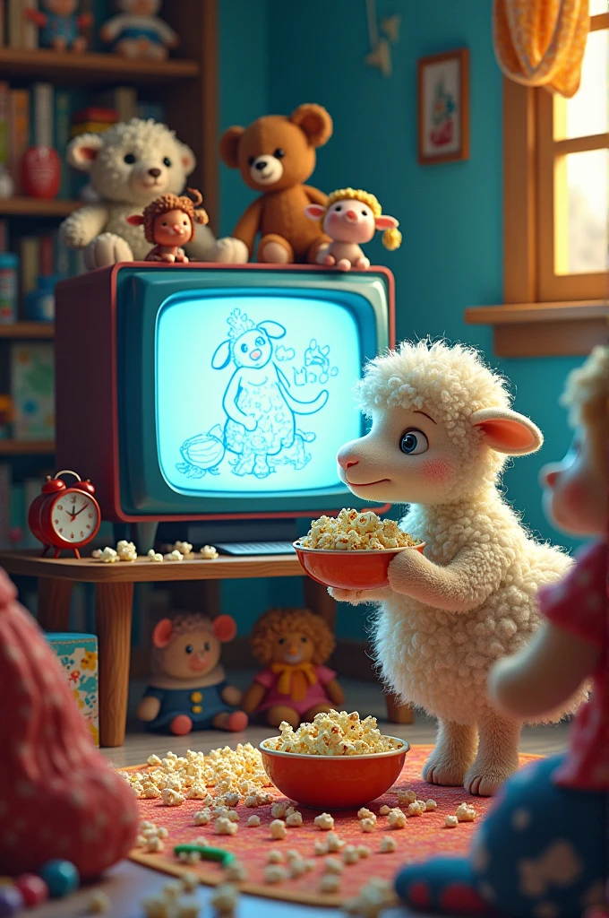 Create a TV With Drawing , in a colorful room full of toys and dolls, a sheep watching eating popcorn