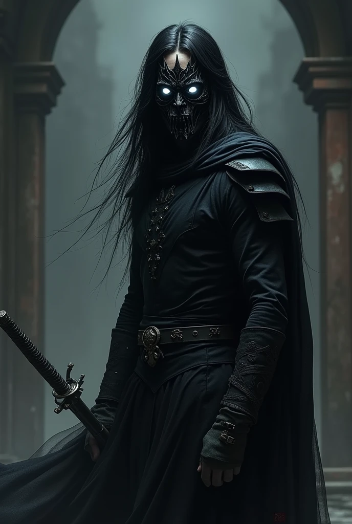 A 20 year old European warrior male with long black hair and no beard, luminous white eyes, and a scary black all face with luminous veins, wearing a full black outfit, holding a magical fragmented sword, standing in a dark place and looking to the left