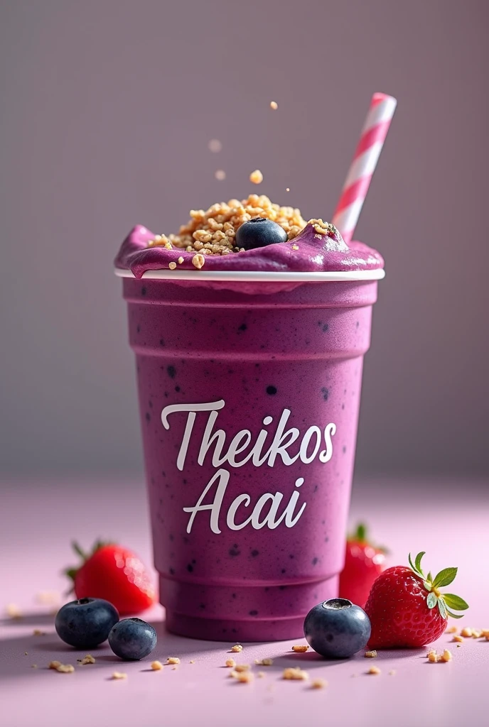 acai in a personalized disposable cup with the name Theikos Acai written realistic image 18k
