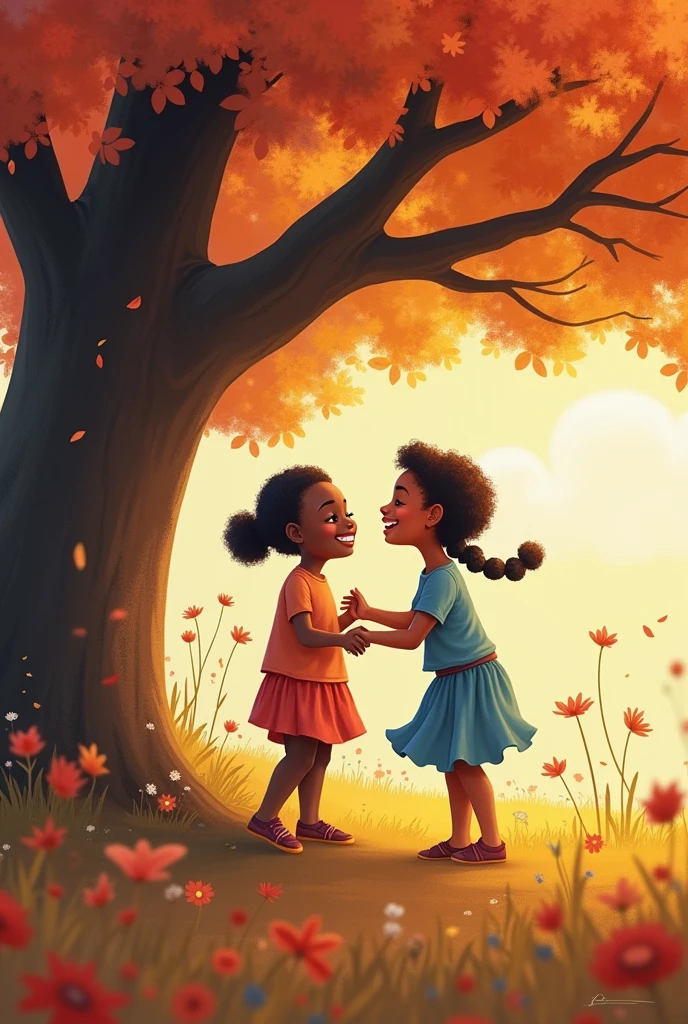 Create a photo with a smiling elderly Black woman playing with her smiling Black granddaughter Under a tree that emanates colorful energies on a sunny day