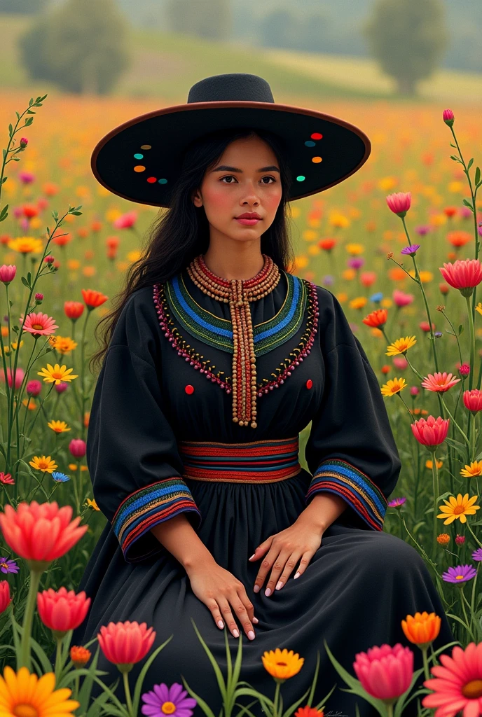 An image of a lady dressed as a chopcca(black dress with colored stripes and also a black hat with colored dots)   de Huancavelica who is in the field sitting surrounded by flowers of different types excited for a mural but not too excited 

