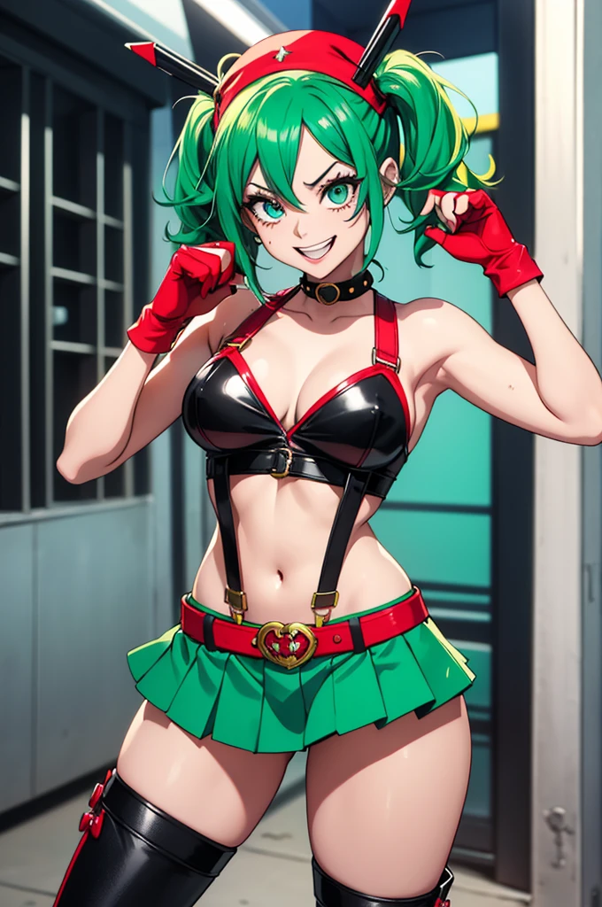 Imagine a gender-swapped Izuku Midoriya (Deku) from *My Hero Academia* reimagined as Harley Quinn. Her signature green hair is styled in playful pigtails, each dyed in alternating red and black to match Harley Quinn's iconic color scheme. Her bright green eyes are mischievous and lively, capturing Harley Quinn's chaotic and energetic spirit.
She is dressed in a Harley Quinn-inspired outfit:
- **Top:** A red and black, diamond-patterned cropped top or bodysuit. The top is form-fitting, reflecting Harley Quinn’s classic jester look, with contrasting colors and possibly a playful emblem or detail like white ruffles or frills.
- **Bottoms:** Matching high-waisted shorts or a mini skirt in red and black, designed to be bold and eye-catching. The outfit might include playful elements like suspenders or a belt with oversized buckles.
- **Footwear:** Eye-catching knee-high boots or high-top sneakers with red and black accents. The footwear features details like studs or laces to enhance the edgy vibe of the outfit.
- **Accessories:** She wears mismatched, oversized gloves—one red and one black—adorned with playful details. A small, dramatic accessory like a jester’s hat or a choker adds to the Harley Quinn theme. She might also hold a prop such as a bat or a quirky handbag.
Sanji’s pose is energetic and playful, perhaps captured mid-twirl or with a cheeky stance, showcasing her vibrant outfit and dynamic presence. Her expression is bright and mischievous, with a wide smile that mirrors Harley Quinn’s unpredictable and charismatic nature.
The background could be a lively and chaotic setting, such as a carnival or urban alleyway, enhancing the playful and rebellious atmosphere. The image should highlight her transformation into Harley Quinn with detailed attention to her costume and accessories, ensuring a vibrant and captivating representation of female Deku as Harley Quinn.
