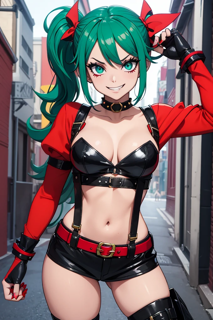 Imagine a gender-swapped Izuku Midoriya (Deku) from *My Hero Academia* reimagined as Harley Quinn. Her signature green hair is styled in playful pigtails, each dyed in alternating red and black to match Harley Quinn's iconic color scheme. Her bright green eyes are mischievous and lively, capturing Harley Quinn's chaotic and energetic spirit.
She is dressed in a Harley Quinn-inspired outfit:
- **Top:** A red and black, diamond-patterned cropped top or bodysuit. The top is form-fitting, reflecting Harley Quinn’s classic jester look, with contrasting colors and possibly a playful emblem or detail like white ruffles or frills.
- **Bottoms:** Matching high-waisted shorts or a mini skirt in red and black, designed to be bold and eye-catching. The outfit might include playful elements like suspenders or a belt with oversized buckles.
- **Footwear:** Eye-catching knee-high boots or high-top sneakers with red and black accents. The footwear features details like studs or laces to enhance the edgy vibe of the outfit.
- **Accessories:** She wears mismatched, oversized gloves—one red and one black—adorned with playful details. A small, dramatic accessory like a jester’s hat or a choker adds to the Harley Quinn theme. She might also hold a prop such as a bat or a quirky handbag.
Sanji’s pose is energetic and playful, perhaps captured mid-twirl or with a cheeky stance, showcasing her vibrant outfit and dynamic presence. Her expression is bright and mischievous, with a wide smile that mirrors Harley Quinn’s unpredictable and charismatic nature.
The background could be a lively and chaotic setting, such as a carnival or urban alleyway, enhancing the playful and rebellious atmosphere. The image should highlight her transformation into Harley Quinn with detailed attention to her costume and accessories, ensuring a vibrant and captivating representation of female Deku as Harley Quinn.
