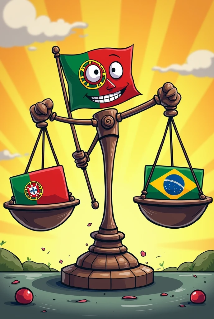 A cartoon of a scale where the flag of Portugal weighs more than that of Brazil