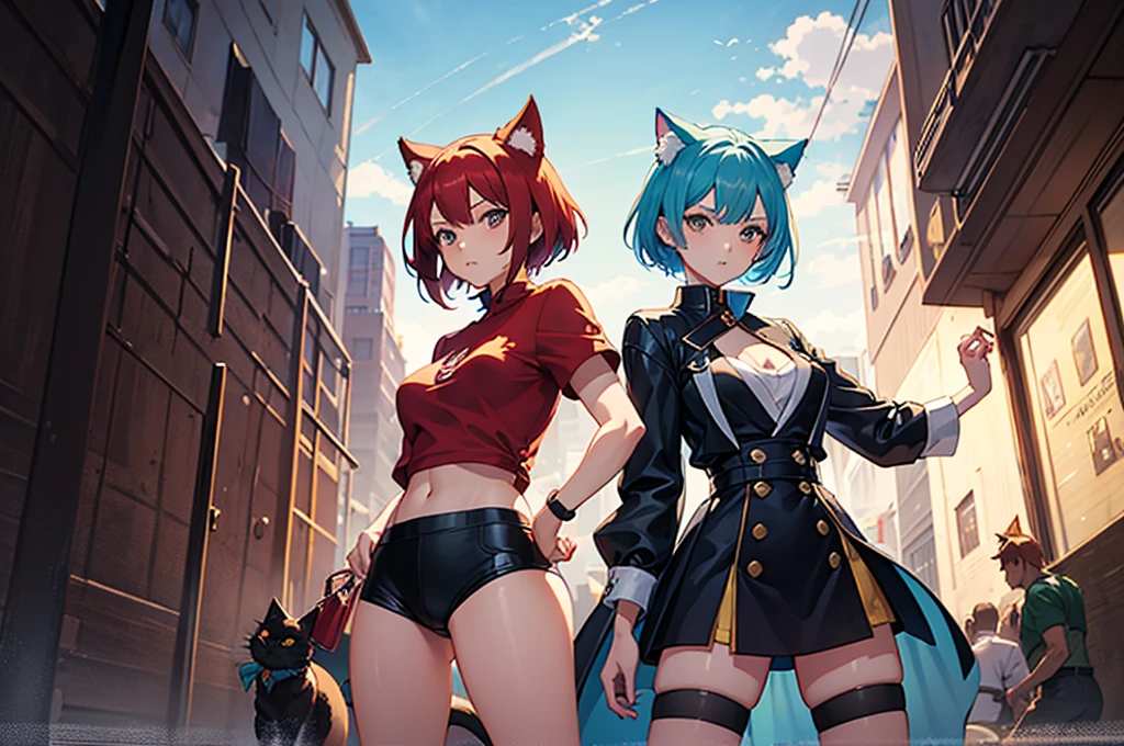 anime girl with red hair and blue shirt, epic battle fantasy, struggling pose, dishonest anime girl, badass pose, inspired by Leiko Ikemura, king of fighters character, gainax anime style, inspired by Rei Kamoi, girl with cat ears, city in ruins,