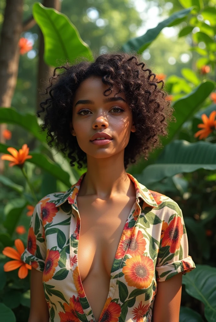 A nerdy Brazilian femboy trans woman with short, curly hair in a lush tropical garden, wearing an open shirt with a floral print, with a close-up capturing the harmonious beauty between her breasts and the natural flowers, showing off your natural charm and outgoing personality.
