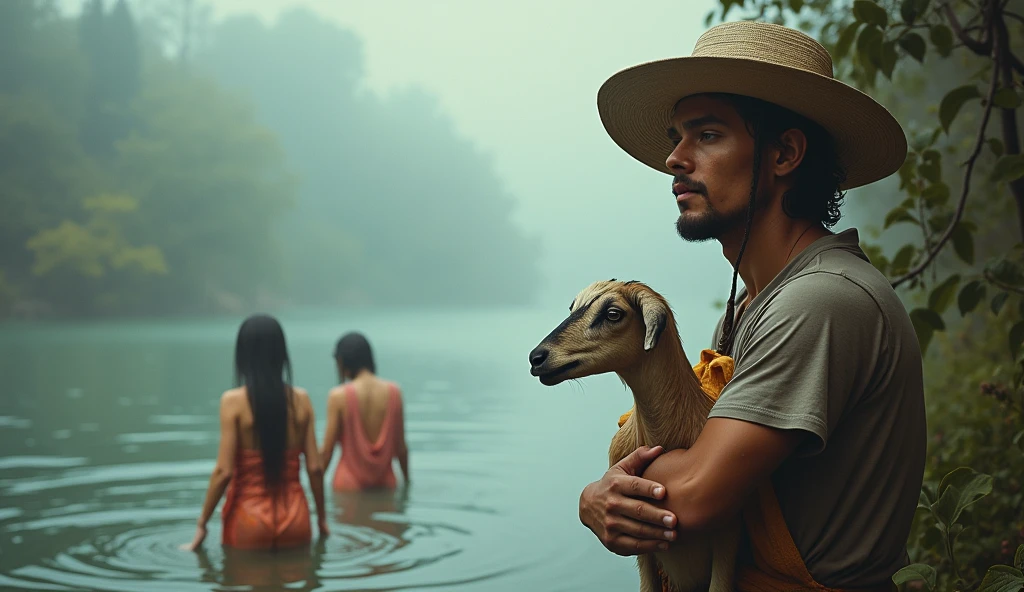(Large shot, best quality, full body, 4K, 8K, high definition, masterpiece : 1.2), very detailed, (realistic, realistic : 1.37), waiter, , shepherd's hat in thick fog : 1.5 A goat in his arms Peeking out from behind the trees, there are 2 women swimming on the river and wearing transparent robes. He looks at them intently, with desire, and with a wonderful feeling. His face is very detailed, his pose is dynamic.
On the river, 2 women swimming, legs in the water, having fun, 2 women, wet clothes, long wet hair, colorful, bright and warm colors, lighting