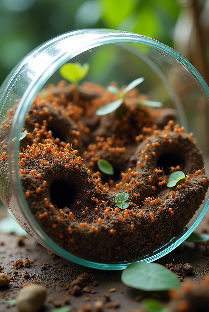 Ant colony inside a petri dish