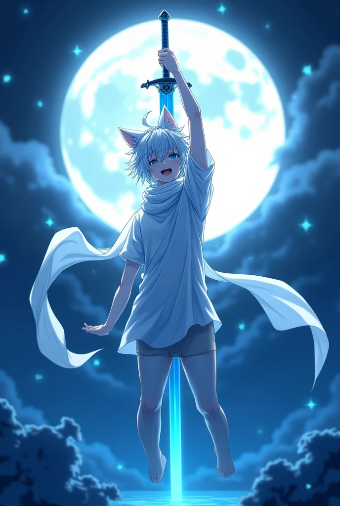 I want a male anime character with a male body with white hair blue eyes cat ears and with a white scarf smiling in the air in front of the full moon holding a sword above his head white shirt and a blue aura around his body