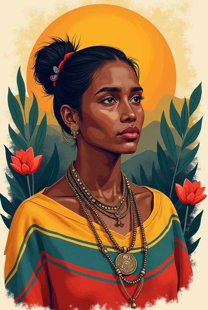 Generate minimalist images of indigenous people from Colombia who are Tayrona, ARHUACOS and Raizales with colors of Colombia 