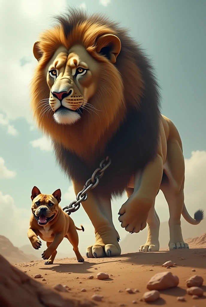 A small dog pulling chained big lion, huge chain, 4k, ultra realistic, Level4