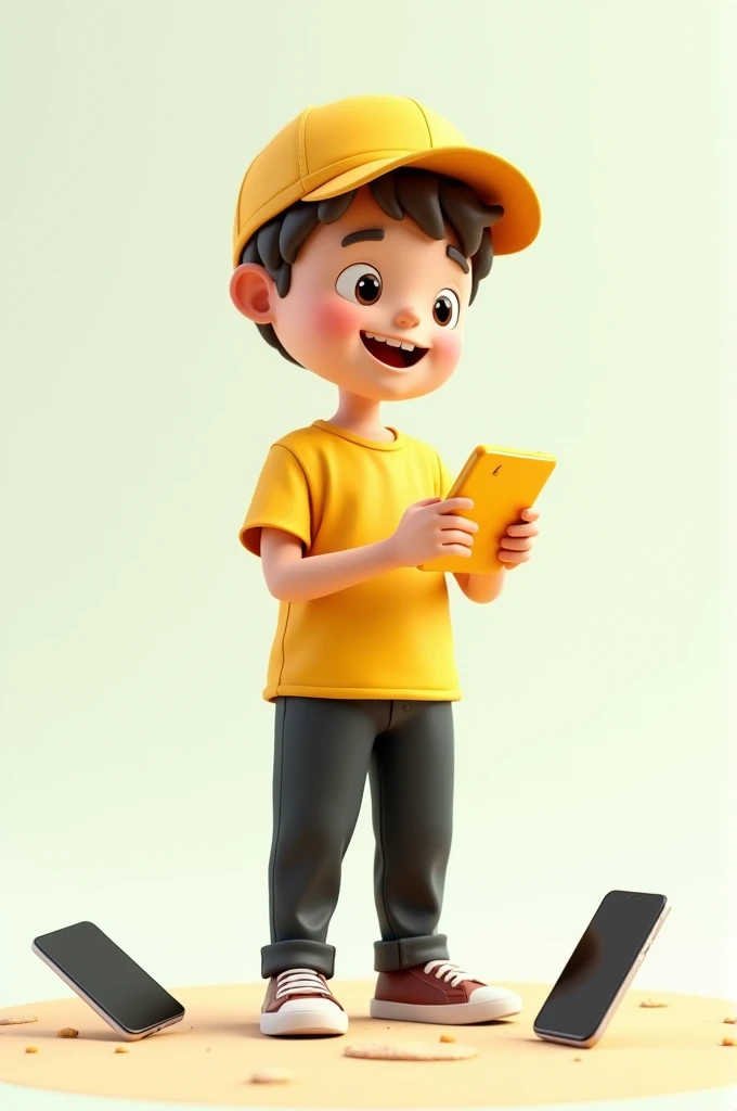 A boy 3d doodle wear yellow t-shirt black trouser yellow cap and standing between mobile phones on the land and holding yellow mobile phone