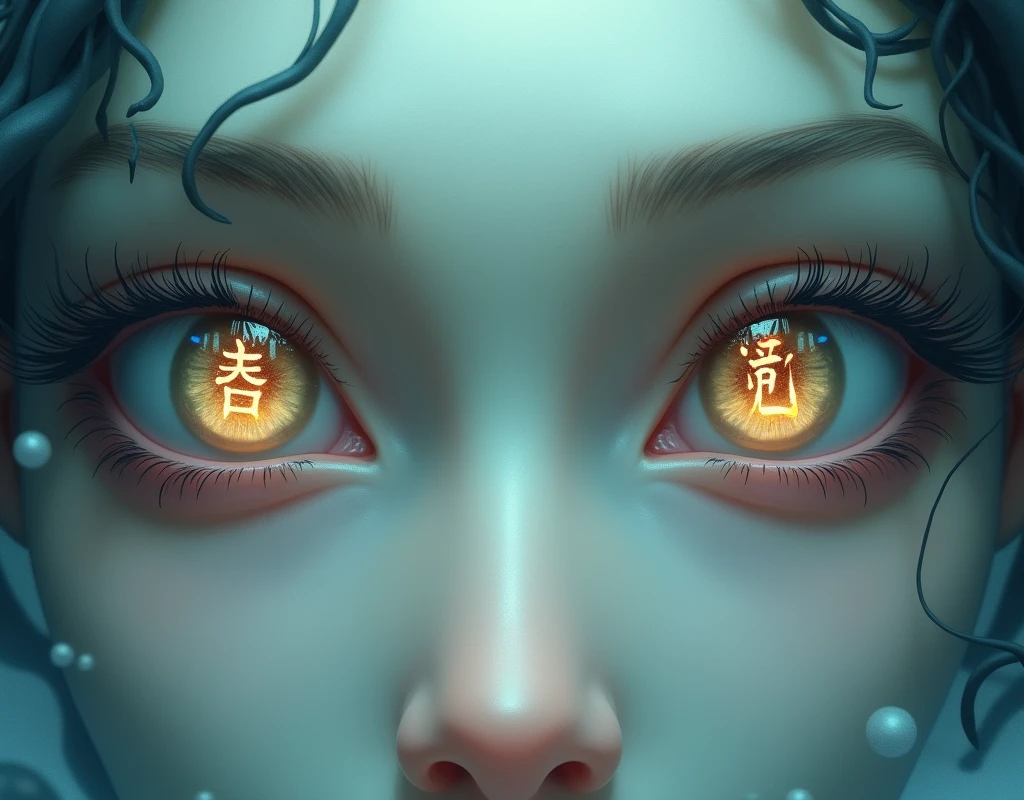 Two eyes, left eye has Kanji [first quarter] marked in the pupil, the right eye to the Kanji [ginseng] marked in the pupil