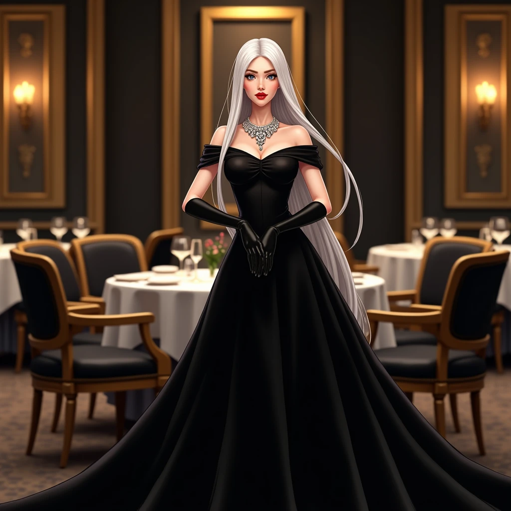 A woman with long straight white hair,She will wear an elegant black off-the-shoulder dress and will wear a diamond necklace and black gloves.,she will be in a refined restaurant with gold details,I want her standing and posing with her hand on her waist and I want her to wear a really long dress