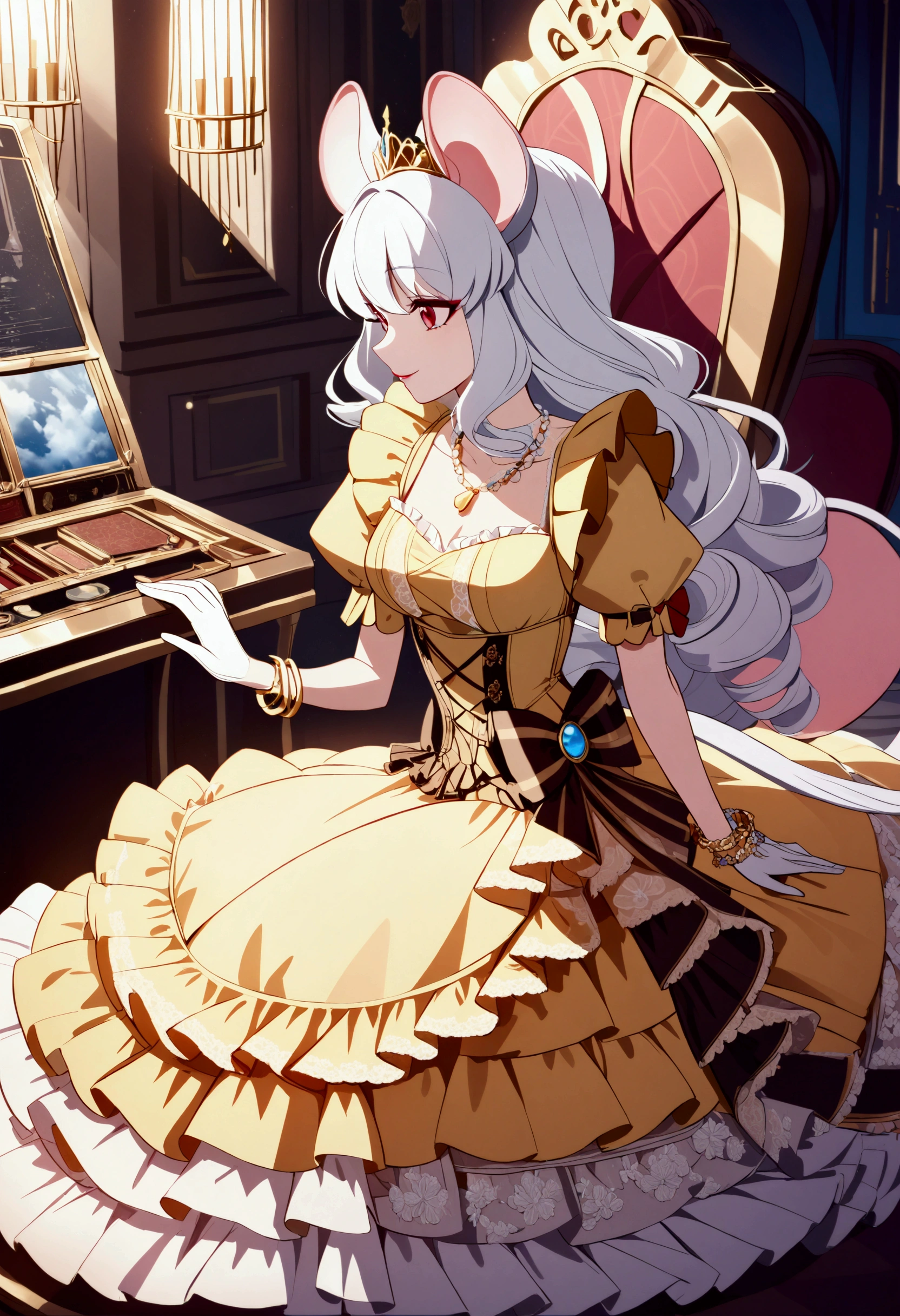 (best quality,4k,8k,highres,masterpiece:1.2), ultra-detailed, Pretty anthropomorphic mouse girl has a princess, drawn in anime style, steampunk, wearing a yellow princess mermaid gown with puffy sleeves, steampunk, gorgeous frilly dress design,flowing gown,elaborate lace details,rich textures,contrast stitching,delicate ribbon bows,floral accents, flowers embroidery, full skirt,short sleeves,fitted waistline,flared cuffs,lace-up back,luxurious fabrics,flawless silhouette, long curly white hair and red eyes, white fur, smiling, mouse ears and tail, high heels, white elbow gloves, gold bracelets, red lipstick, eyeshadow, seashell necklace, sitting elegantly on a throne.