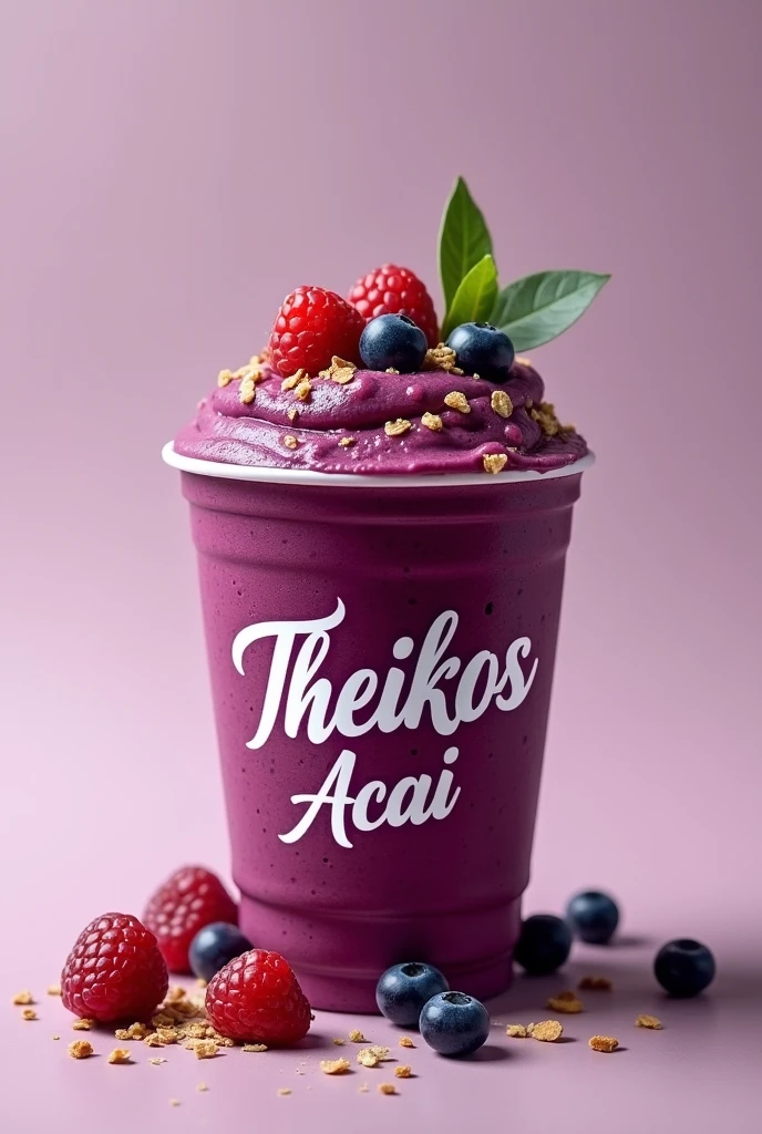 acai in a personalized disposable cup with the name Theikos Acai written realistic image 18k
