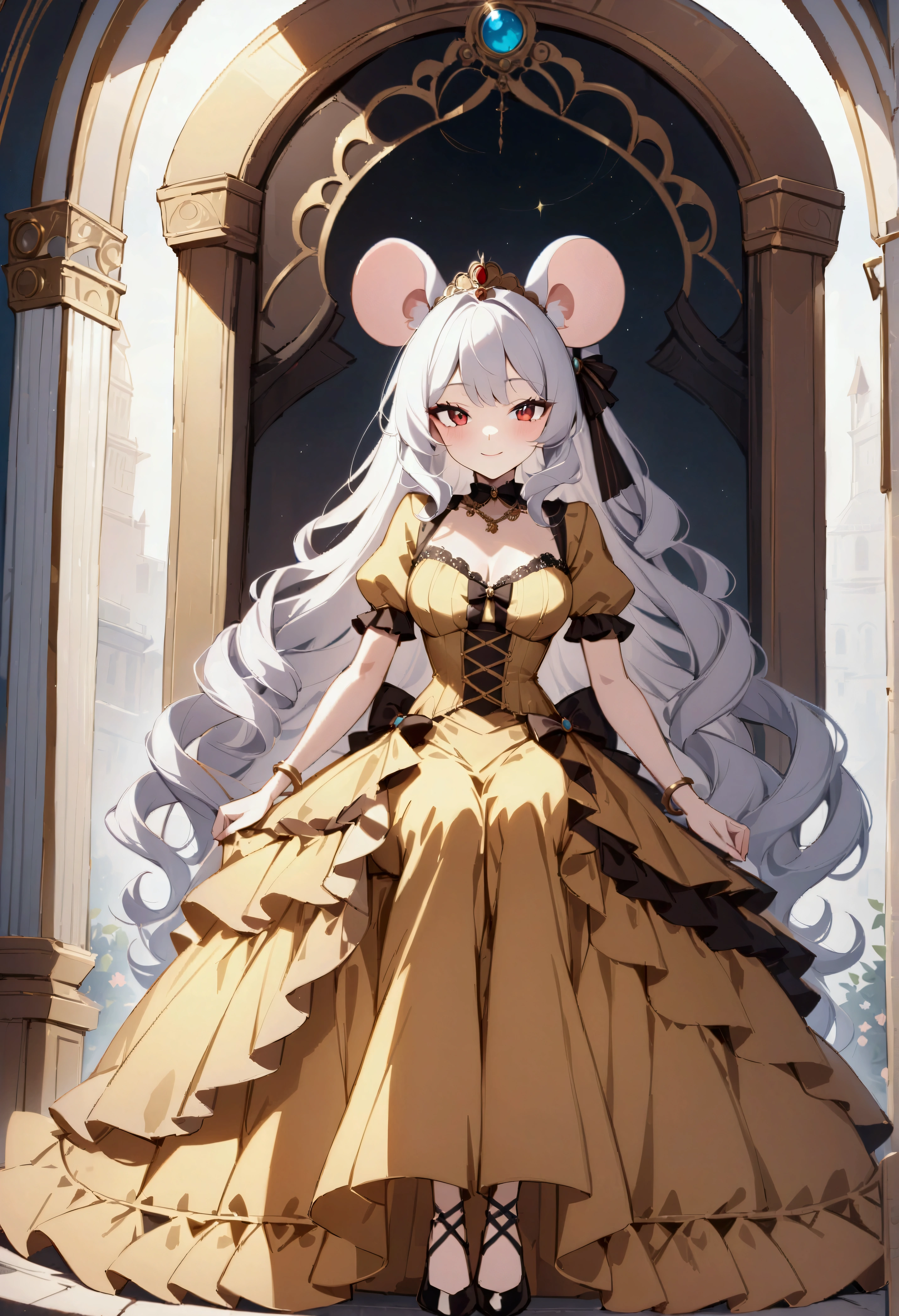 (best quality,4k,8k,highres,masterpiece:1.2), ultra-detailed, Pretty anthropomorphic mouse girl has a princess, drawn in anime style, steampunk, wearing a yellow princess mermaid gown with puffy sleeves, steampunk, gorgeous frilly dress design,flowing gown,elaborate lace details,rich textures,contrast stitching,delicate ribbon bows,floral accents, flowers embroidery, full skirt,short sleeves,fitted waistline,flared cuffs,lace-up back,luxurious fabrics,flawless silhouette, long curly white hair and red eyes, white fur, smiling, mouse ears and tail, high heels, white elbow gloves, gold bracelets, red lipstick, eyeshadow, seashell necklace, sitting elegantly on a throne.