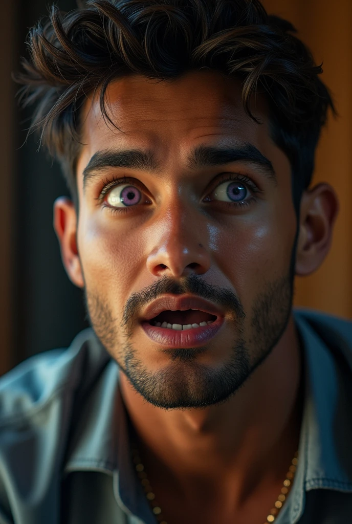 "A very handsome 30-year-old man with striking lilac eyes, resembling an Indian movie star, is gazing in astonishment with a 'Wow' expression. His face is lit with excitement and wonder, capturing the moment of surprise. The background is simple, keeping the focus entirely on his expressive face and stylish features."