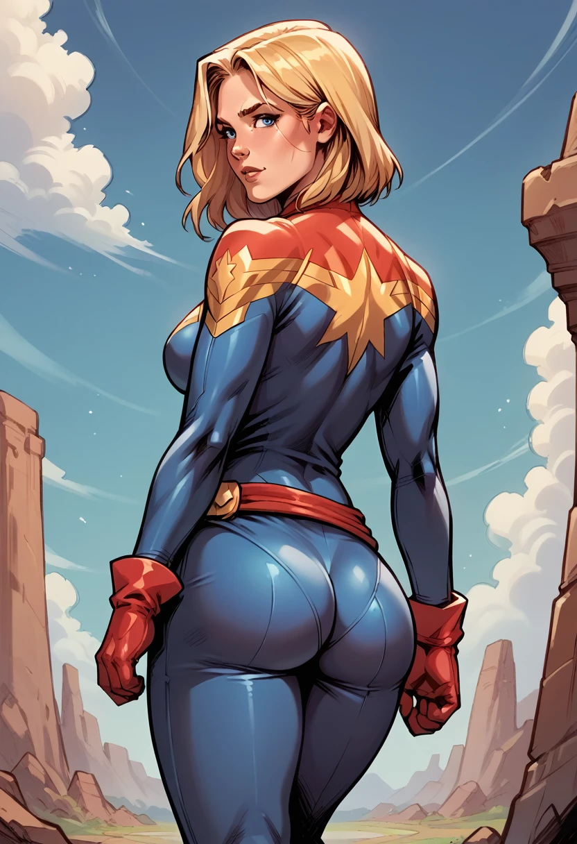 score_9, score_8_up, score_7_up, BREAK, score_9, carol_danvers, blonde hair, short hair, blue eyes, bodysuit, star logo, red gloves, red belt, long hair, looking at viewer, cowboy shot, ass, from behind, sky