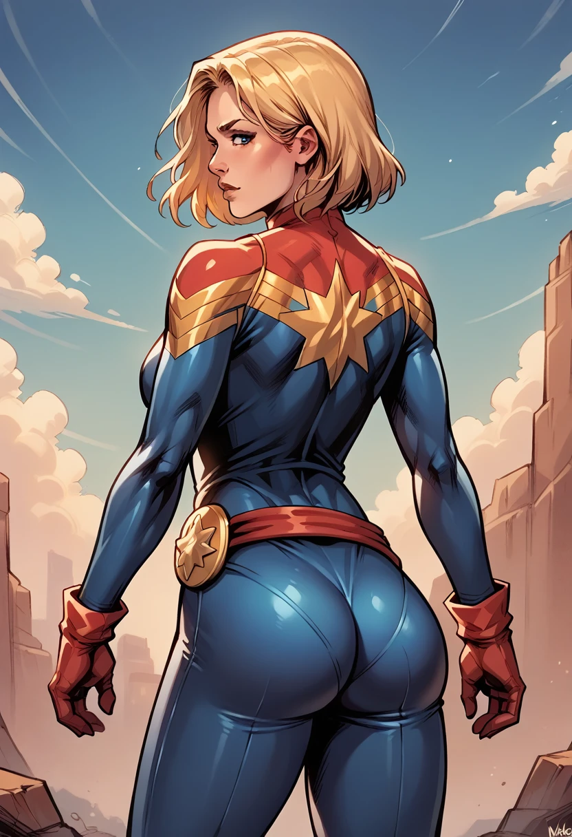 score_9, score_8_up, score_7_up, BREAK, score_9, carol_danvers, blonde hair, short hair, blue eyes, bodysuit, star logo, red gloves, red belt, long hair, looking at viewer, cowboy shot, ass, from behind, sky