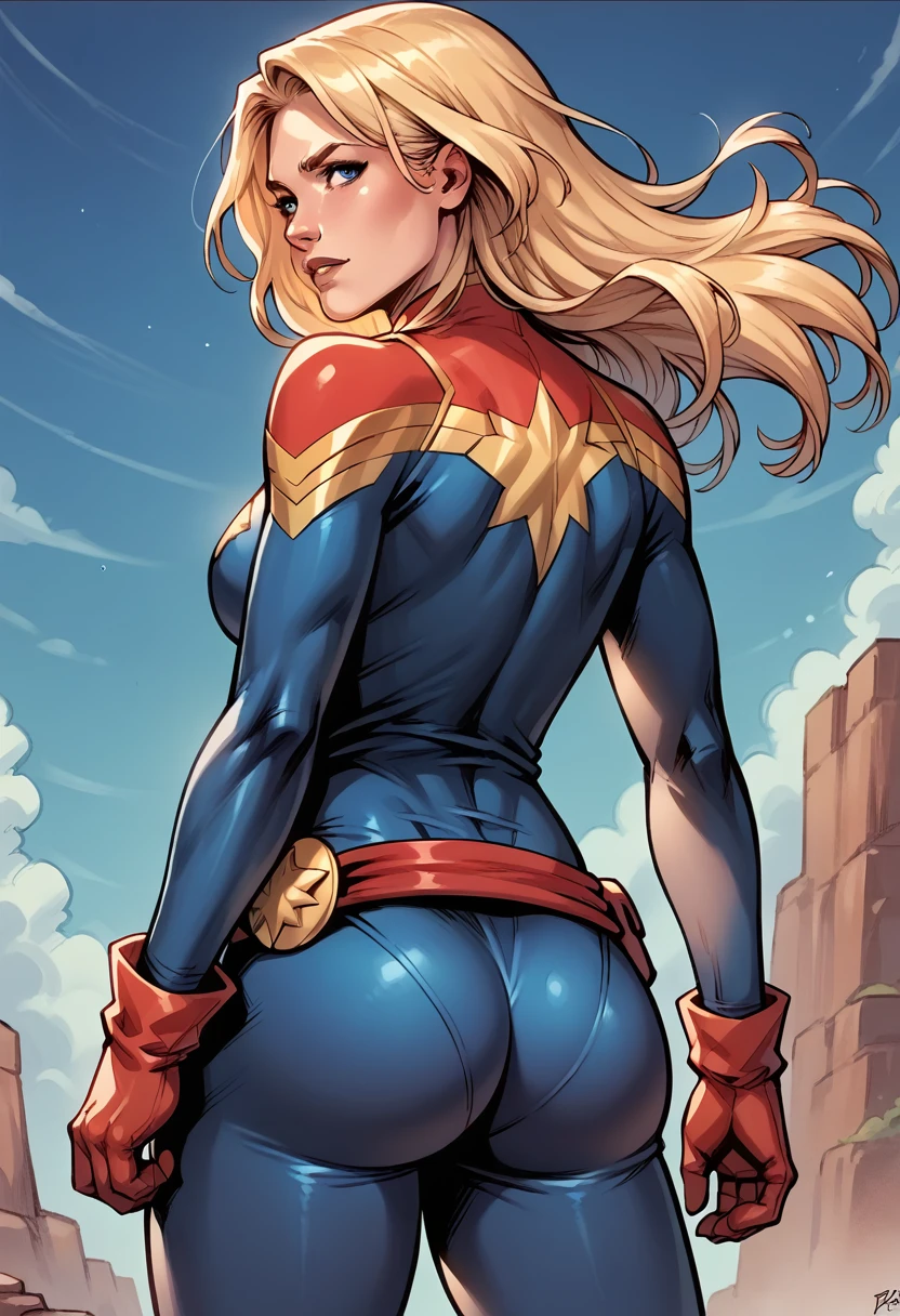 score_9, score_8_up, score_7_up, BREAK, score_9, carol_danvers, blonde hair, short hair, blue eyes, bodysuit, star logo, red gloves, red belt, long hair, looking at viewer, cowboy shot, ass, from behind, sky