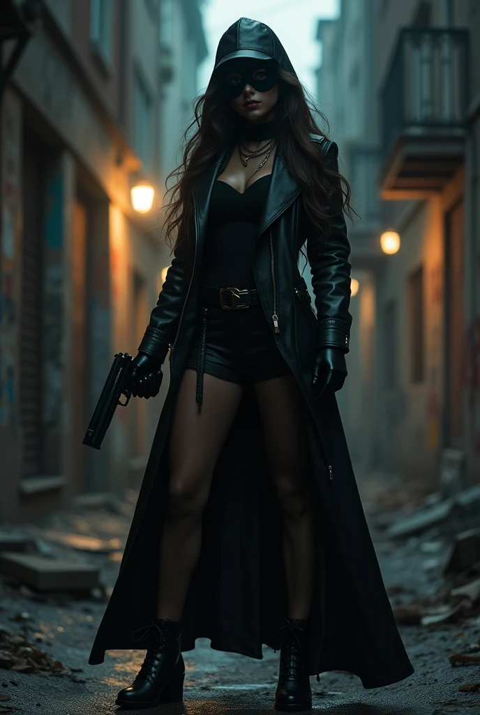 Gangster Femme Portant Masque de Ski Cambrioleur Léchage Arme de Poing Ghetto Street Dope Boss Fille Cheveux Longs