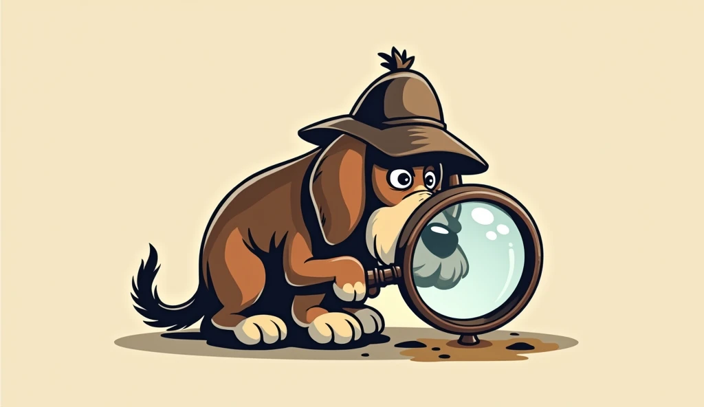 logo of a detective dog with a large magnifying glass, examining a clue on the ground