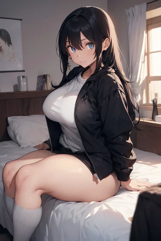 1 female, black long hair, fat body, ugly face, blue eyes, small eyes, large person, huge breast, thick legs, black jacket, short short, in home, in the bed, ass, touch her own butt