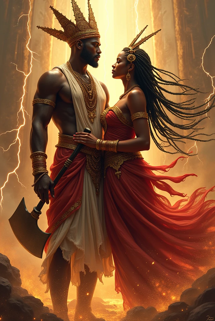 Create a realistic image of Xango and Iansã as a couple in a mystical setting. Xango must be represented as a strong man, dark-skinned, wearing traditional African attire in red and white, with an imposing crown on his head and a double-bladed axe in his hands. Rays should illuminate the background, simbolizando seu poder sobre o fogo e os thunder. Iansã must be by his side, like a dark-skinned warrior woman, with long braids and wearing traditional clothes in shades of red and brown. She must hold a fan and a sword, envolta em winds and storms, representing your connection with the winds. The facial expression of both should be one of confidence and power., with glances that meet, demonstrating the strength and love they share. The background should have elements that represent the elements they dominate., como fogo, thunder, winds and storms