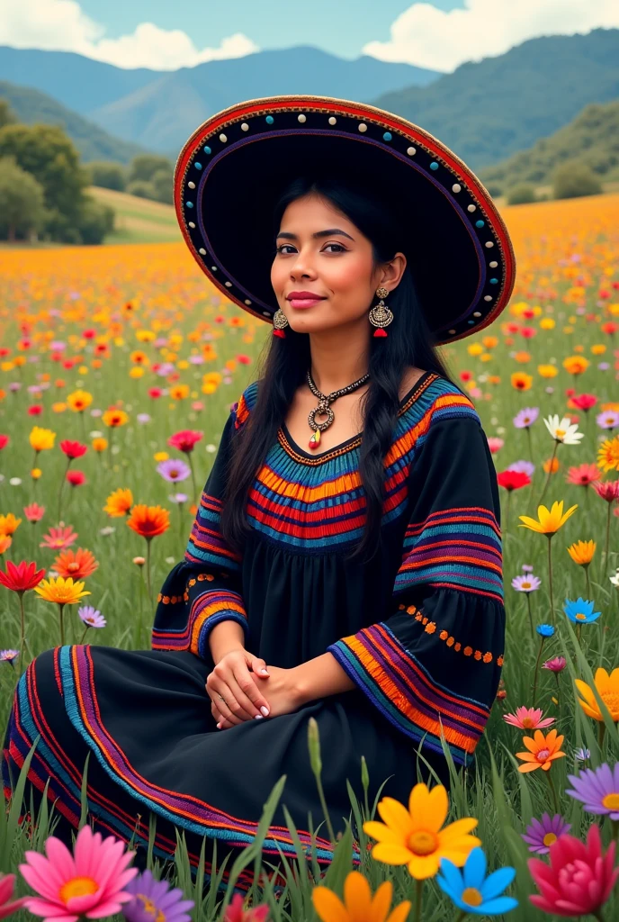 An image of a lady dressed as a chopcca(black dress with colored stripes and also a black hat with colored dots) de Huancavelica who is in the field sitting surrounded by flowers of different types excited for a mural but not too excited to paint on a mural