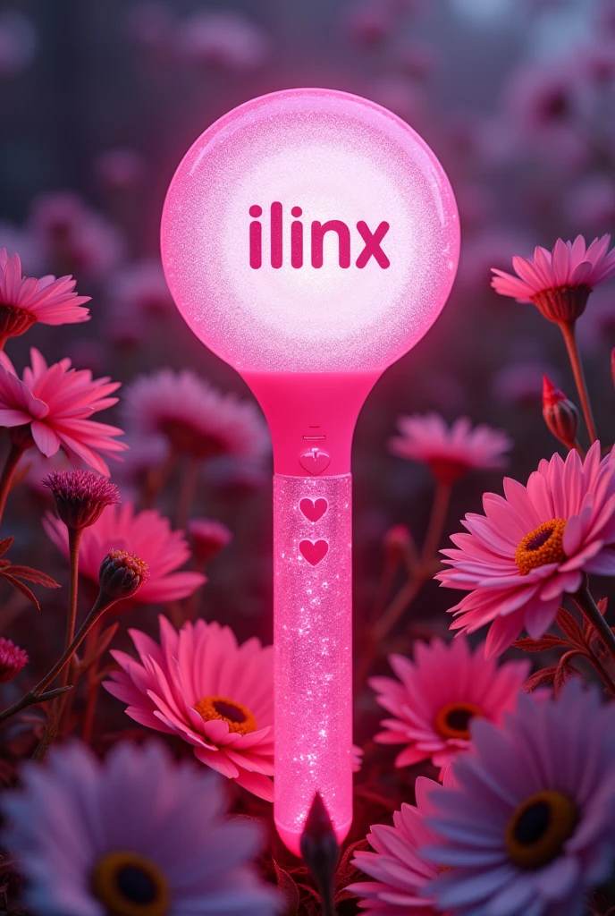 A pink kpop lightstick with glitter with a handle to hold it and similar to Twice and Kiof and with the word Ilinx inside and with flowers and a round shape on top and a handle to hold it with lots of flower details and round and with the initials HMBB and two small buttons to turn it on in the shape of a heart and big 