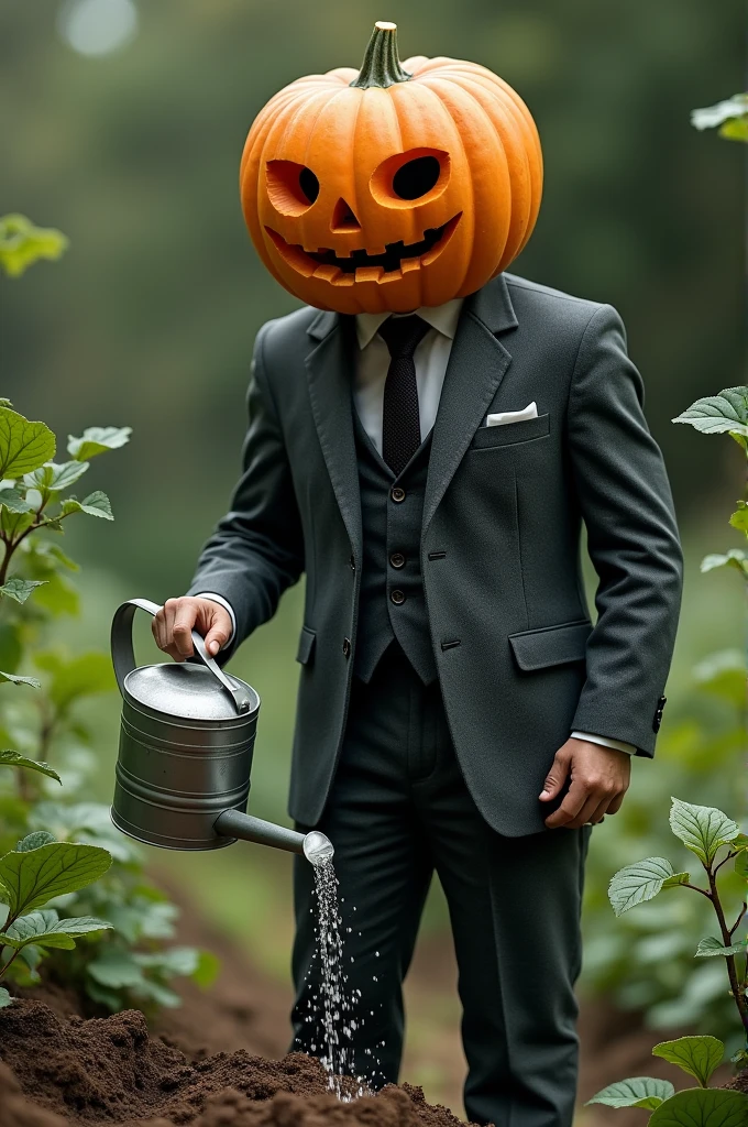 A realistic man in a suit with a pumpkin head watering the ground 