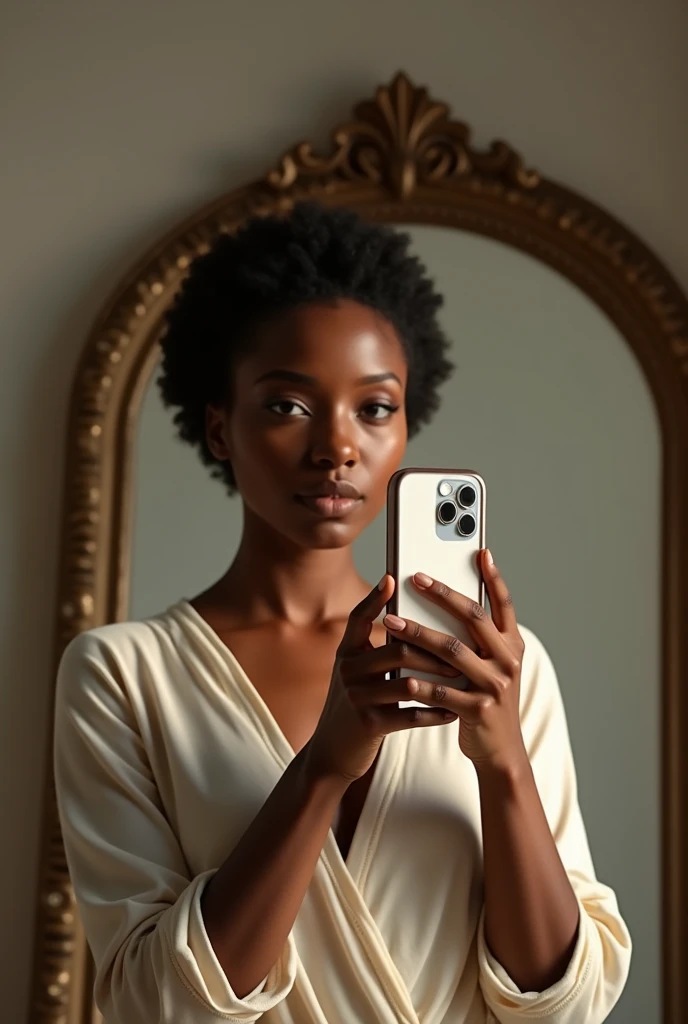 An African American woman in front of a mirror taking a photo with iPhone 15 pro max