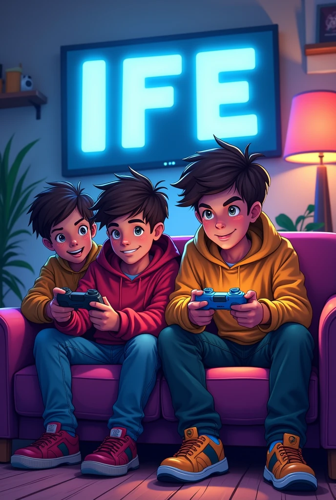 Create a logo for YouTube with these initials IFE, with 2 teenagers and a teenager playing video games
