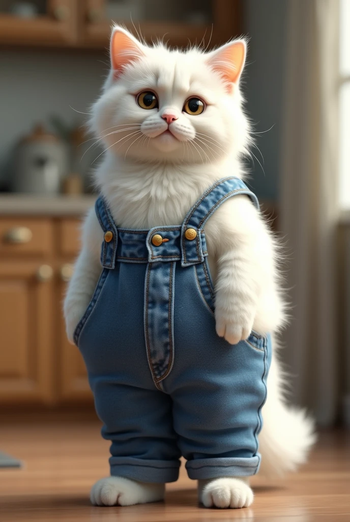 make a white cat with a half human style of jeans with a big back,in a kitchen
