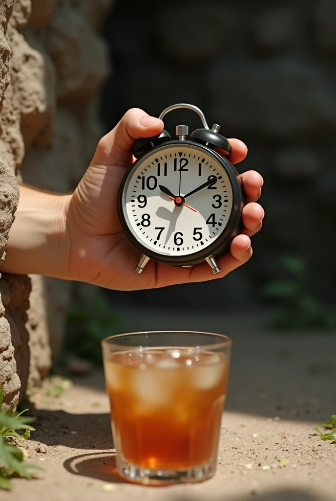 Image taken from the rear camera, looking like the hand, holding a clock, near a stone wall, near the ground with a glass of drink, with the hand of natural skin color, and ultra realistic