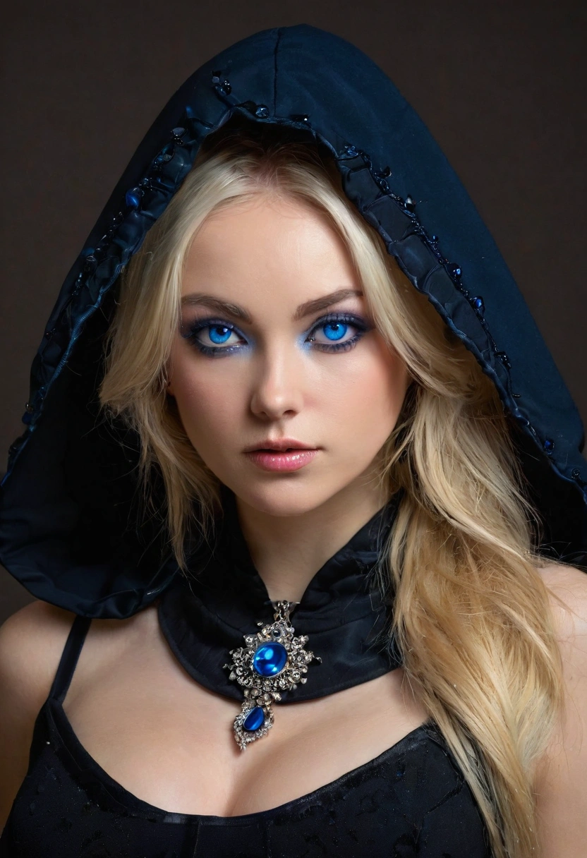 (best qualityer, ultra detali, photorrealistic: 1.39), bright and vibrant colors, studio lighting, decisive expression, A woman young, with a delicate and beautiful face. Beautiful and adult woman, with her straight blonde hair, longye hair,  gothic makeup, Your blue eyes, with her big, seductive breasts, neckleace, with a black dress, tight dress, short dress, serious leaning pose, skin fair, black nails, wearing a black hood over his head, eyebrow-height hood, vivid blue eye, intense stare, CHALLENGING GAZE