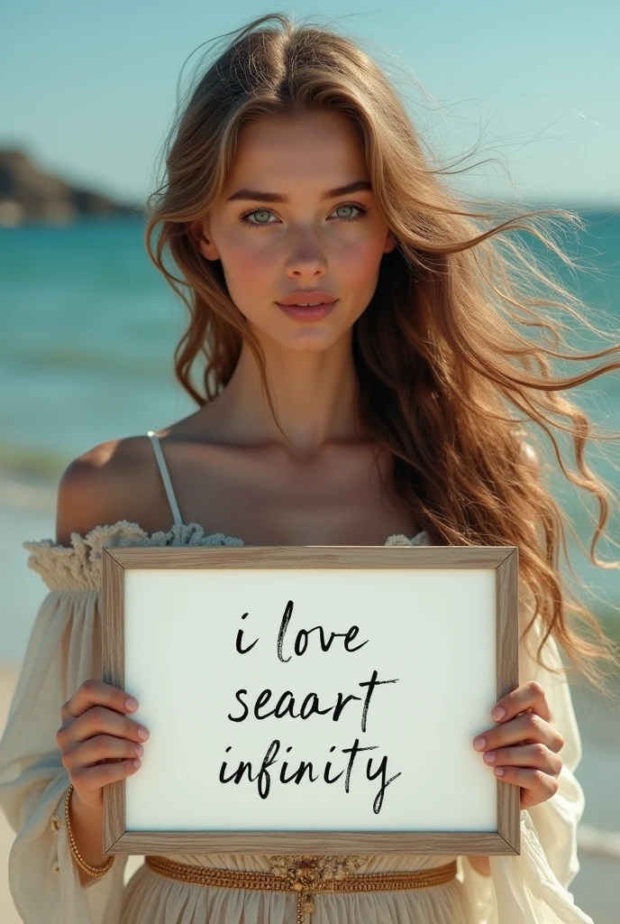 Beautiful girl with wavy long hair, bohemian dress, holding a white board with text "I Love Seaart Infinity" and showing it to the viewer