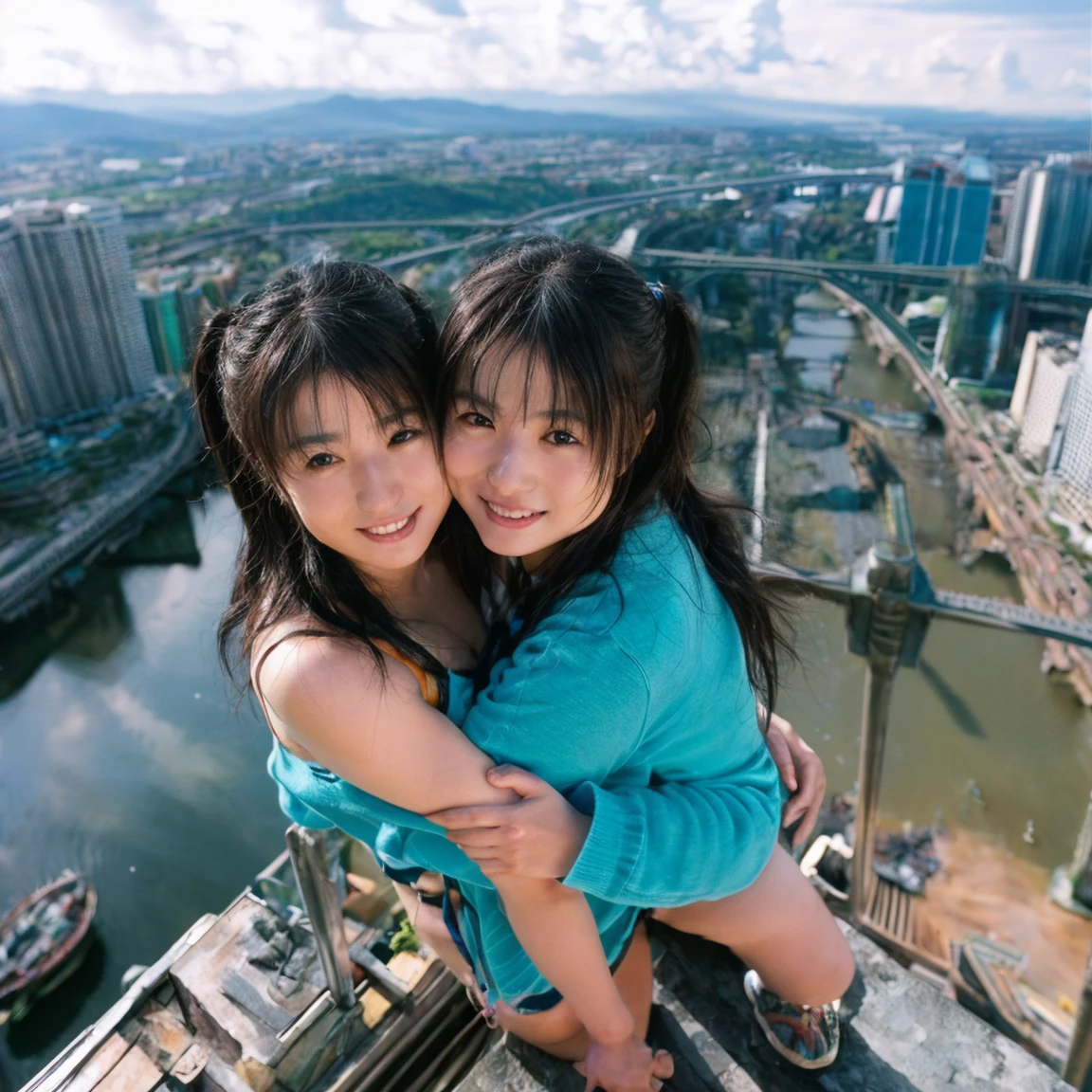 Identical twin sisters hugging each other、hug、(8k、Live Shooting、Highest quality、masterpiece:1.2)、Very detailed、Super Resolution、(Hyper Genuineity、)Very detailed、Super Resolution、(Genuine、Actual Photos:1.47)、 Accurate anatomy、exhilarating roのwonderful selfie の a confident womの with black hair in a long,She beams as she looks out over the ultra-modern city below.... This high のgle,Fisheye lens photo の her in mountaineering clothes、Accentuate the spaghetti straps **** wonderful,Climbing Pのts,a 、This aerial photograph was completed...,