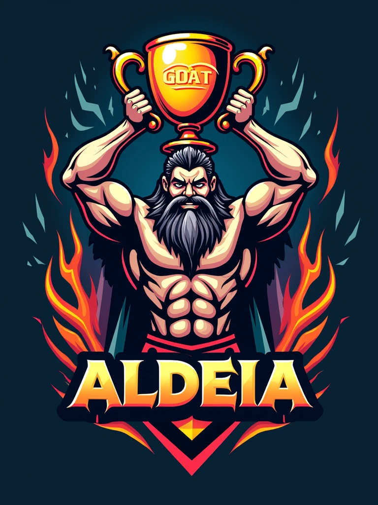 Create a sports logo with the name ALDEIA featuring a Tupi god of thunder mascot holding a trophy with 'GOAT' written on it.