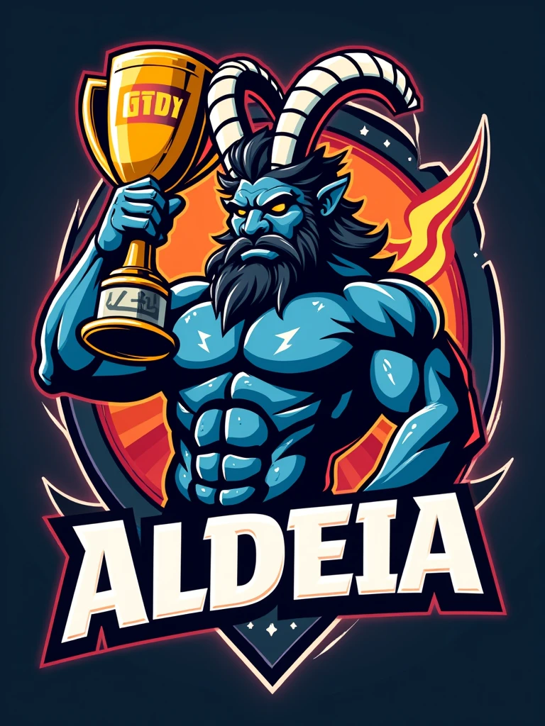 Create a sports logo with the name ALDEIA featuring a Tupi god of thunder mascot holding a trophy with 'GOAT' written on it.