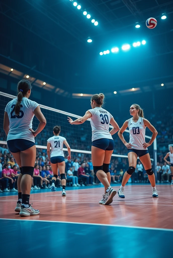 players on the volleyball court, women&#39;s team and men&#39;s team, both serious with a cheering section in the background. Image with serious and blue colors