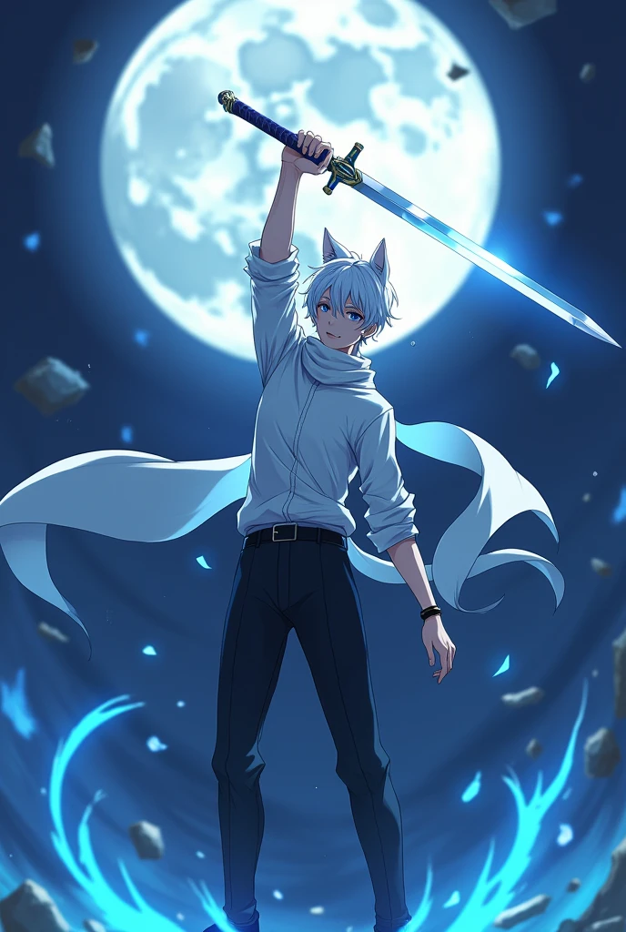 I want a male anime character with a male body with white hair blue eyes cat ears and with a white scarf smiling in the air in front of the full moon holding a sword above his head white shirt and black pants and a blue aura around his body