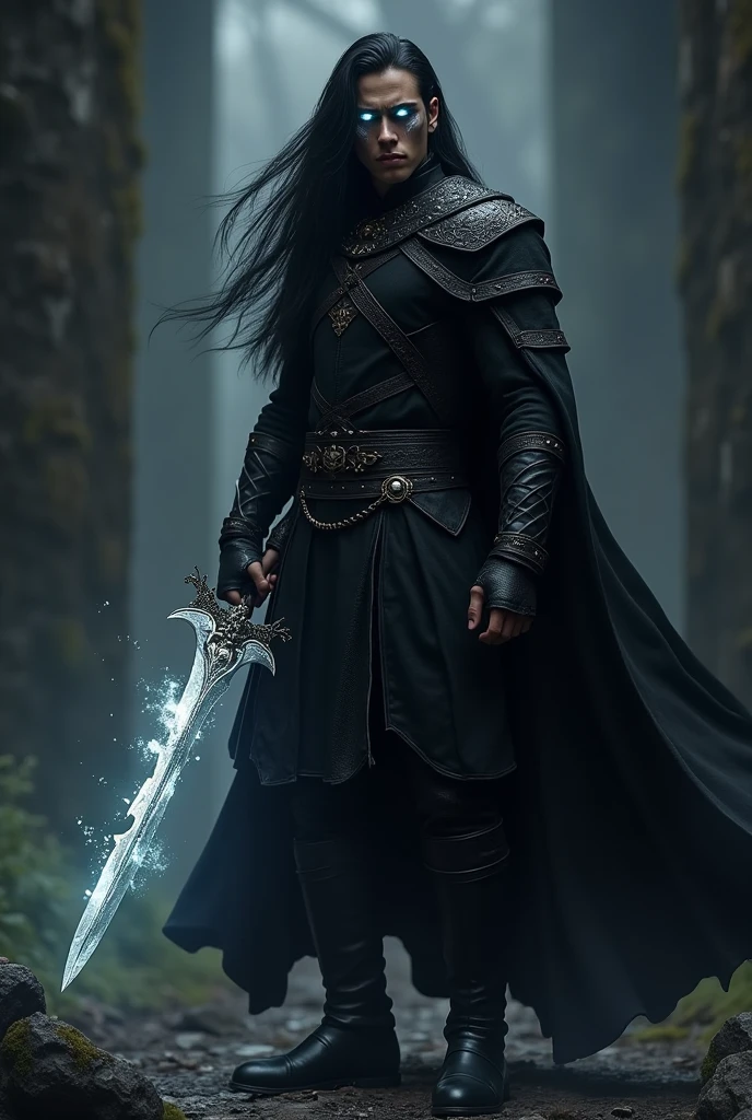 A 20 year old European warrior male with long black hair and no beard, luminous white eyes, and a dark black all face with luminous veins, wearing a full black outfit, holding a magical fragmented sword, standing in a dark place and looking to the left