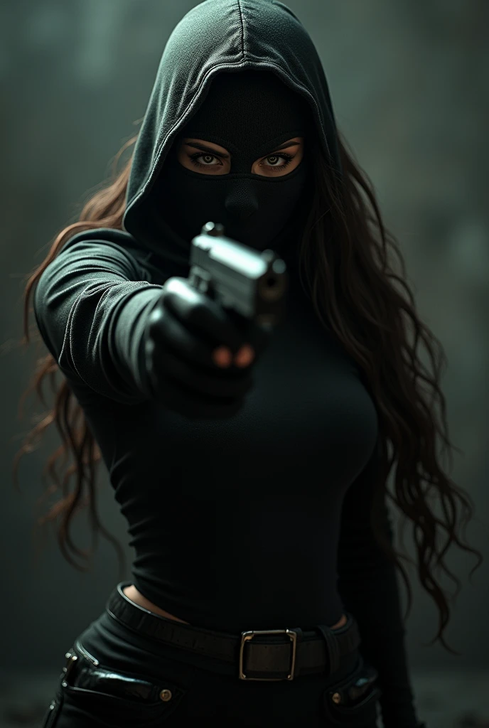 Gangster Femme Portant cagoule Cambrioleur Léchage Arme de PoingCheveux Longs