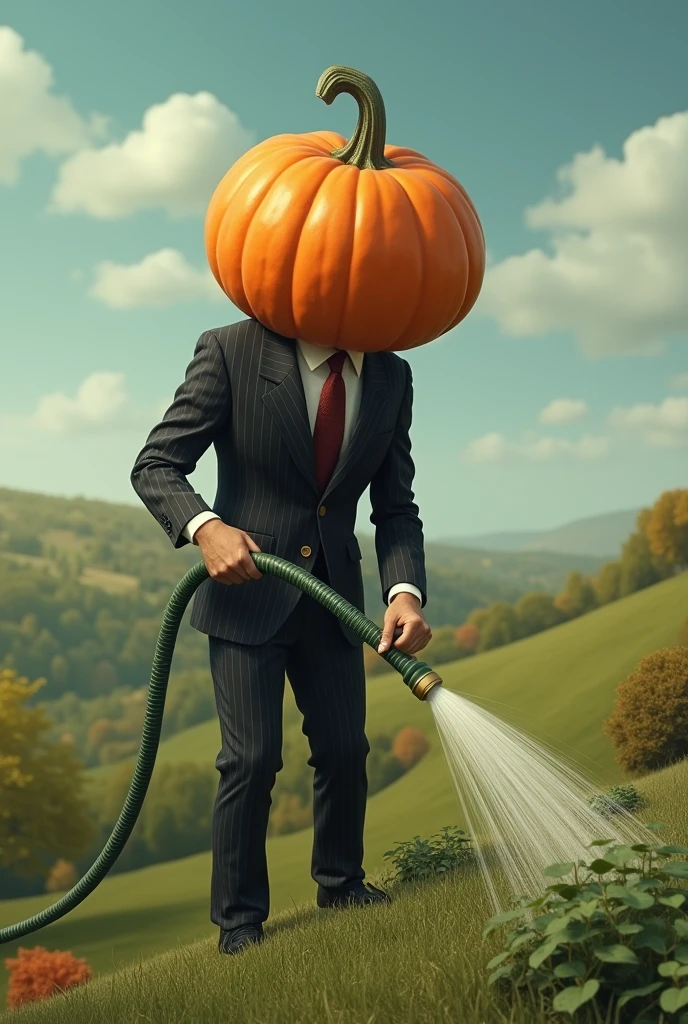 A realistic man in a suit with a pumpkin head watering the ground with a hose 