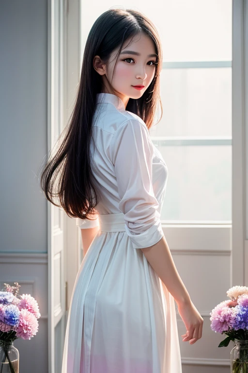 1 girl, aodai branco, photographic art, (flowers), a stunning photo with beautiful saturation, ultra high resolution,(realisitic:1.4)),ombre profunda,(best qualityer, work of art), pale skin, dimly-lit, ombre, confusing, blush, highy detailed, skinny, BREAK depth of field, film grain, wrinkled skin, looking ahead at viewer, warm smile, work of art, ultra realisitic, Extremely detailed CG 8k unity wallpaper, best qualityer