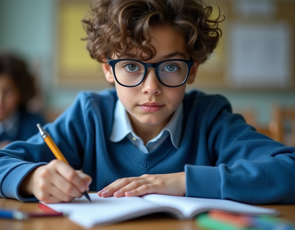 Developing cultural and intellectual skills, education according to the curricula prescribed for students , receiving information in the classroom, a close-up picture of a latin student with glases wearing a blue uniform sitting on a school desk, performing school assignments