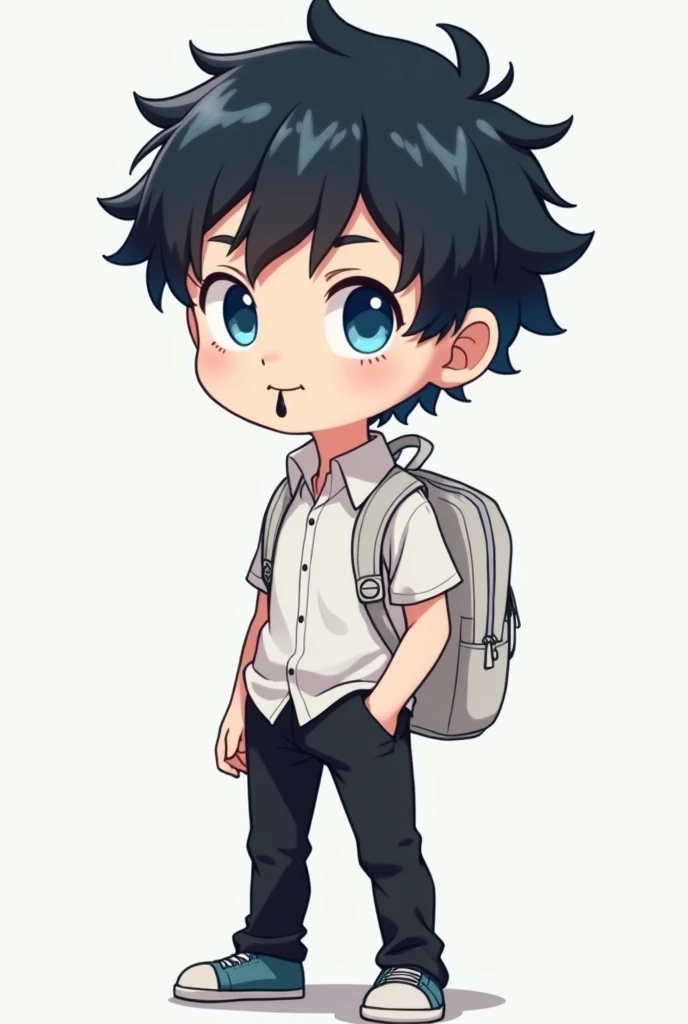 I am an intelligent young man, I have blue eyes, I am wearing black pants and a white bag, I am short, I am an anime cartoon character, my skin color is white, I have a black drool and black hair.