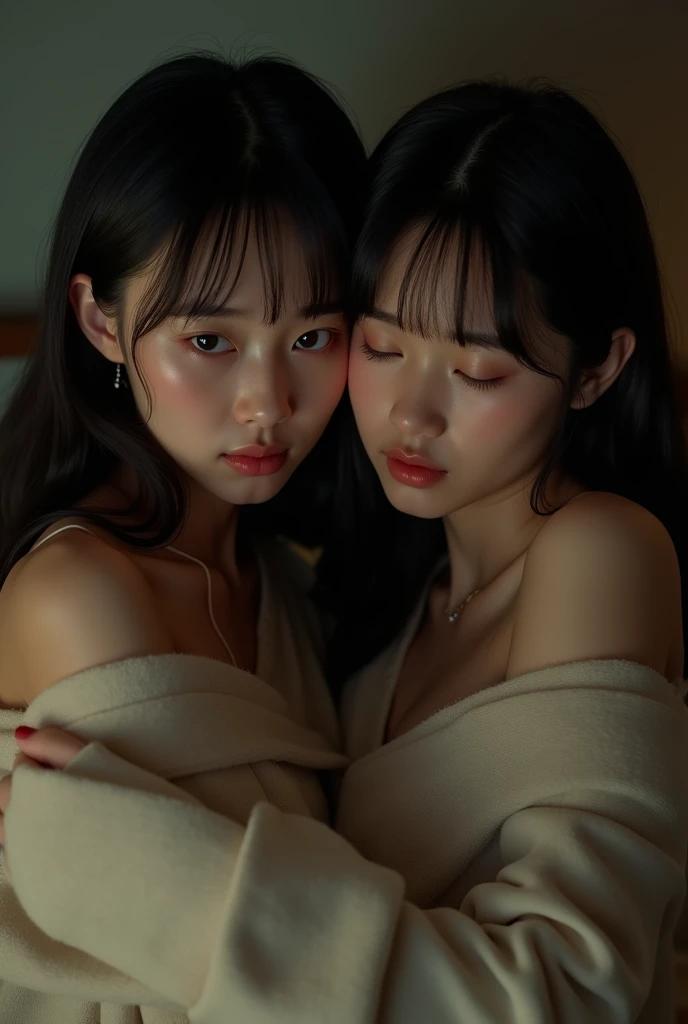 Identical twin sisters, , bangs, Crying face, Hug from behind。Accurate anatomy、(8k、uhd、Live Shooting、Highest quality、masterpiece:1.2)、Super detailed、Super Resolution、(Hyper Reality、)Super detailed、Super Resolution、(Real、Actual Photos:1.47)、（They are hugging each other.）Leaning closer、（Fantastic lighting）Hug me、Cinema lighting、White skin、Fair-skinned female proofreading、ultra HD、Stylish lighting、Beautiful female proofreader reflecting light、Amazing details、Highly detailed beautiful、Highly detailed face、Highly detailed eyes、Extremely realistic skin、 Highly detailed fingers, Highly detailed nose, Highly detailed mouth,

